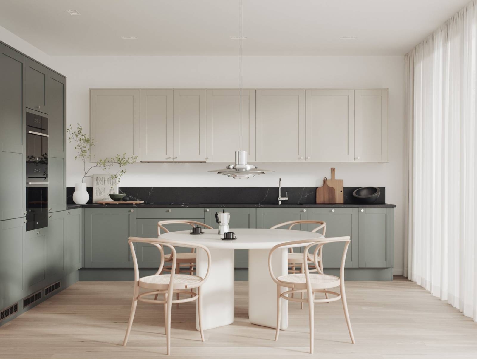 Grønn kjøkken i shakerstil, front med ramtre og slett fylling som passar både tradisjonell og moderne stil