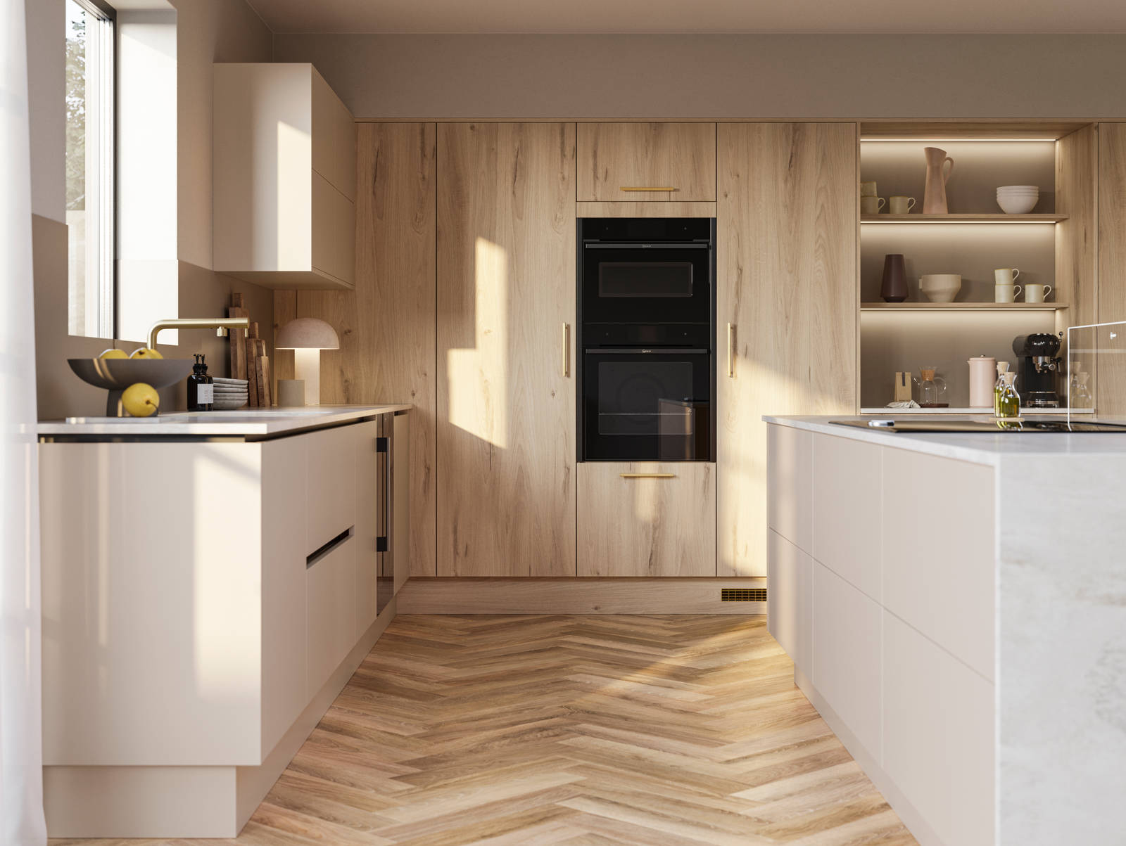 Modern Portobello Bosco organic woodgrain texture cabinetry and handleless Integra Soho Shell from Magnet.
