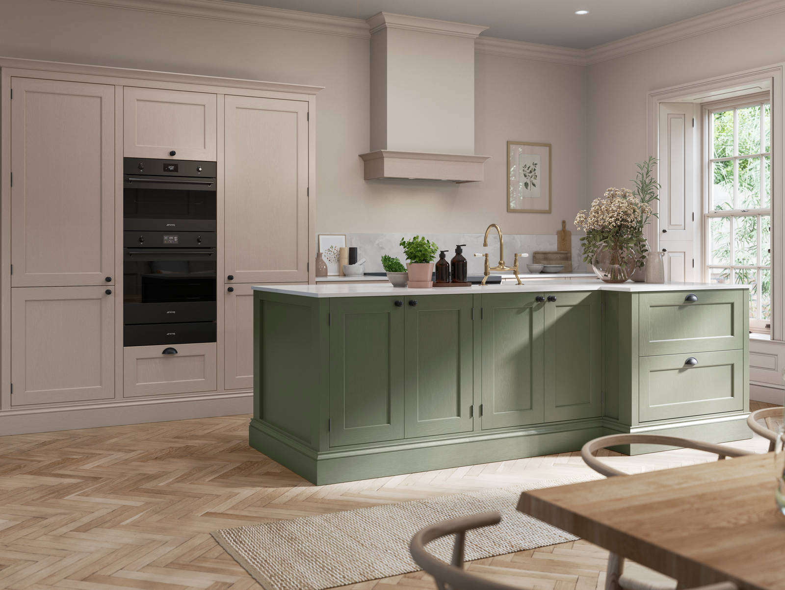 Traditional Shaker-style kitchen range Ludlow with tactile woodgrain in neutral shade Shell with a green Thyme kitchen island.