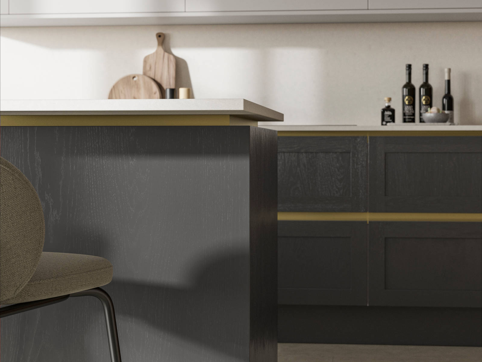 Handleless Shaker kitchen Integra Wardley Charcoal is traditional and contemporary with its narrow frame door with integrated handles and a painted timber finish.
