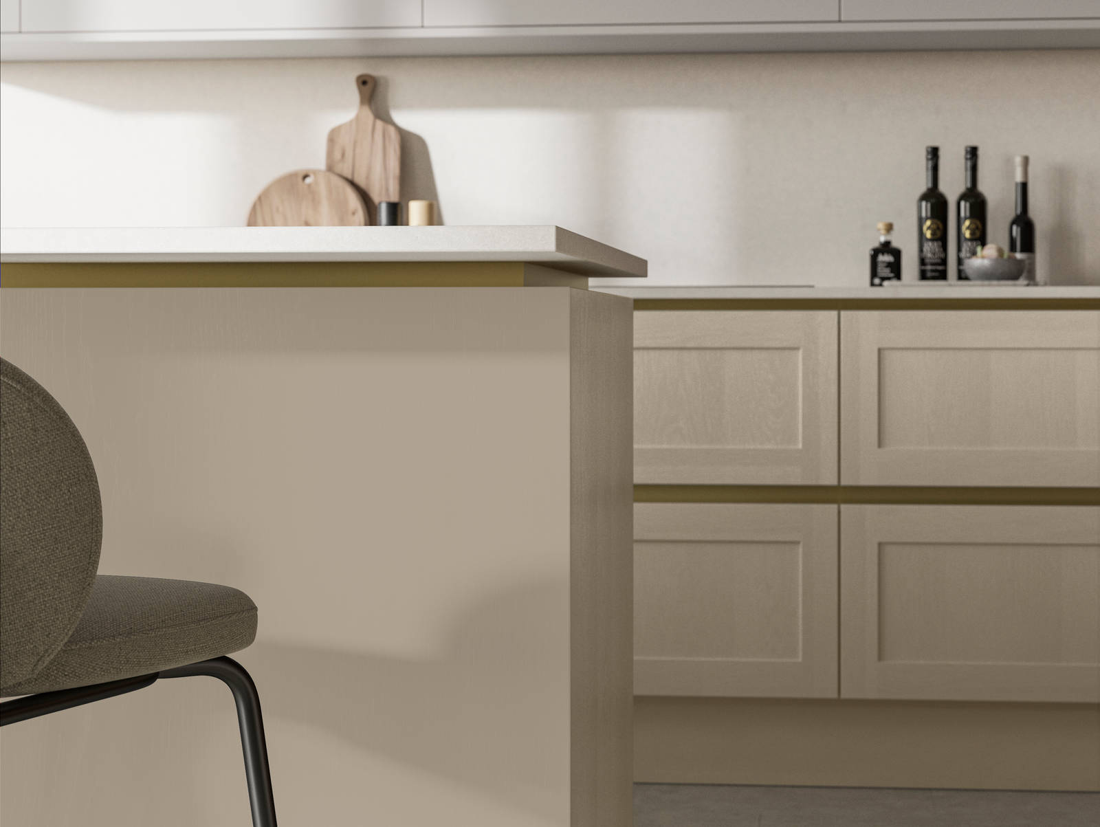 Handleless Shaker kitchen Integra Wardley Pebble Path is traditional and contemporary with its narrow frame door with integrated handles and a painted timber finish.