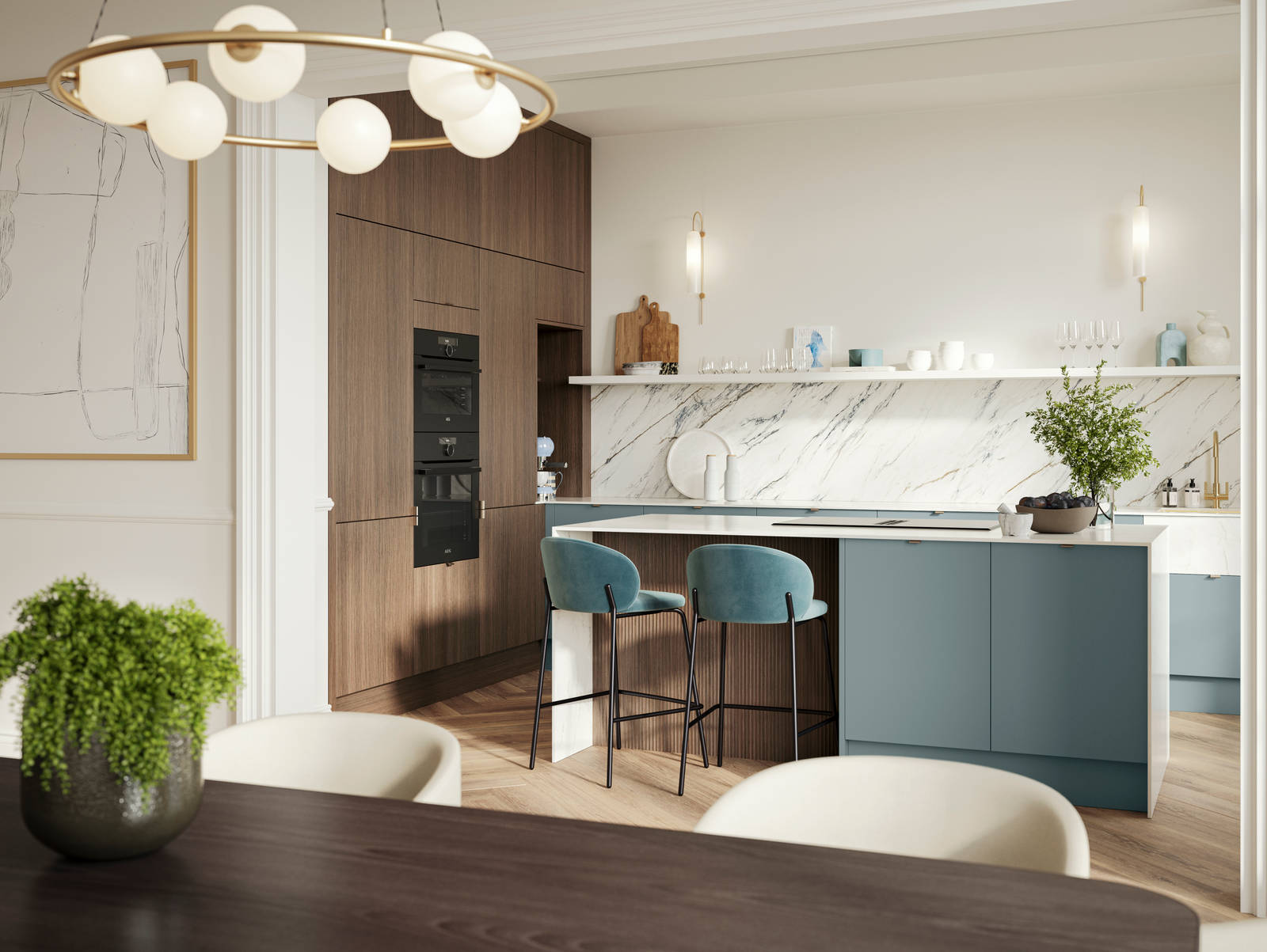 Soho Duck Blue kitchen from Magnet combined with ovens integrated into tall Nordic Nature cabinetry, white marble splashblack, paired beautifully with a bright brass tap and sink.