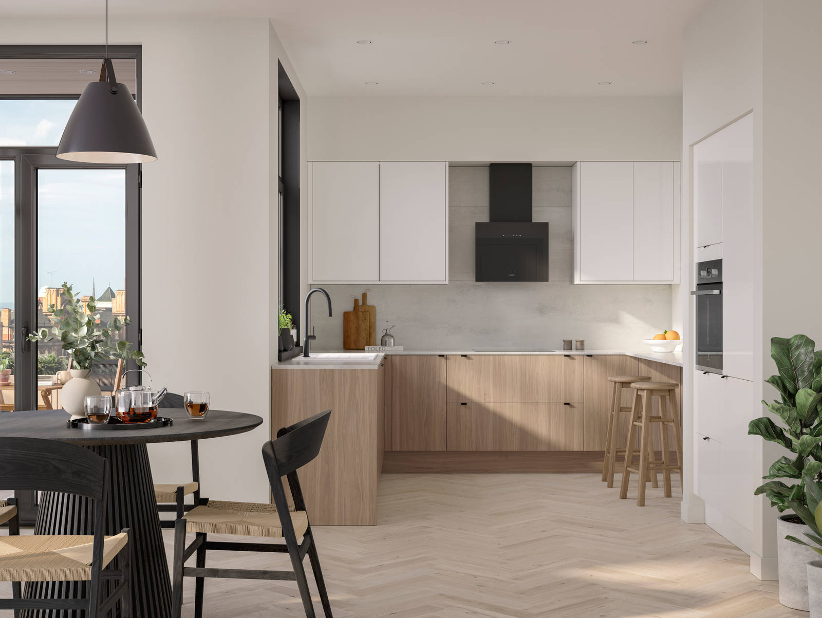 Open floorplan Ascoli kitchen from Magnet with Natural Oak cabinetry, a white worktop, Ascoli Gloss white wall cabinets over countertop and matching tall cabinets with a built-in oven all paired with small black handles, a black tap and black hood.