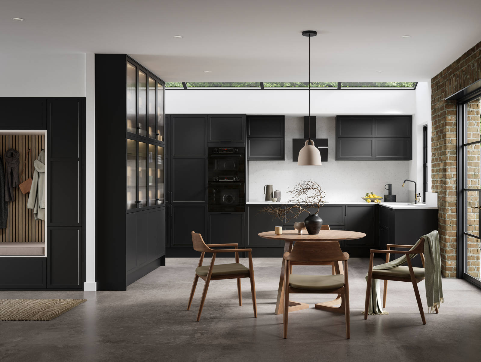 Modern Shaker kitchen Brunswick Sumi Black handleless with integrated ovens in tall cabinetry, open layout living room with wood dining table, hallway cabinetry with coat hangers and akupanel.
