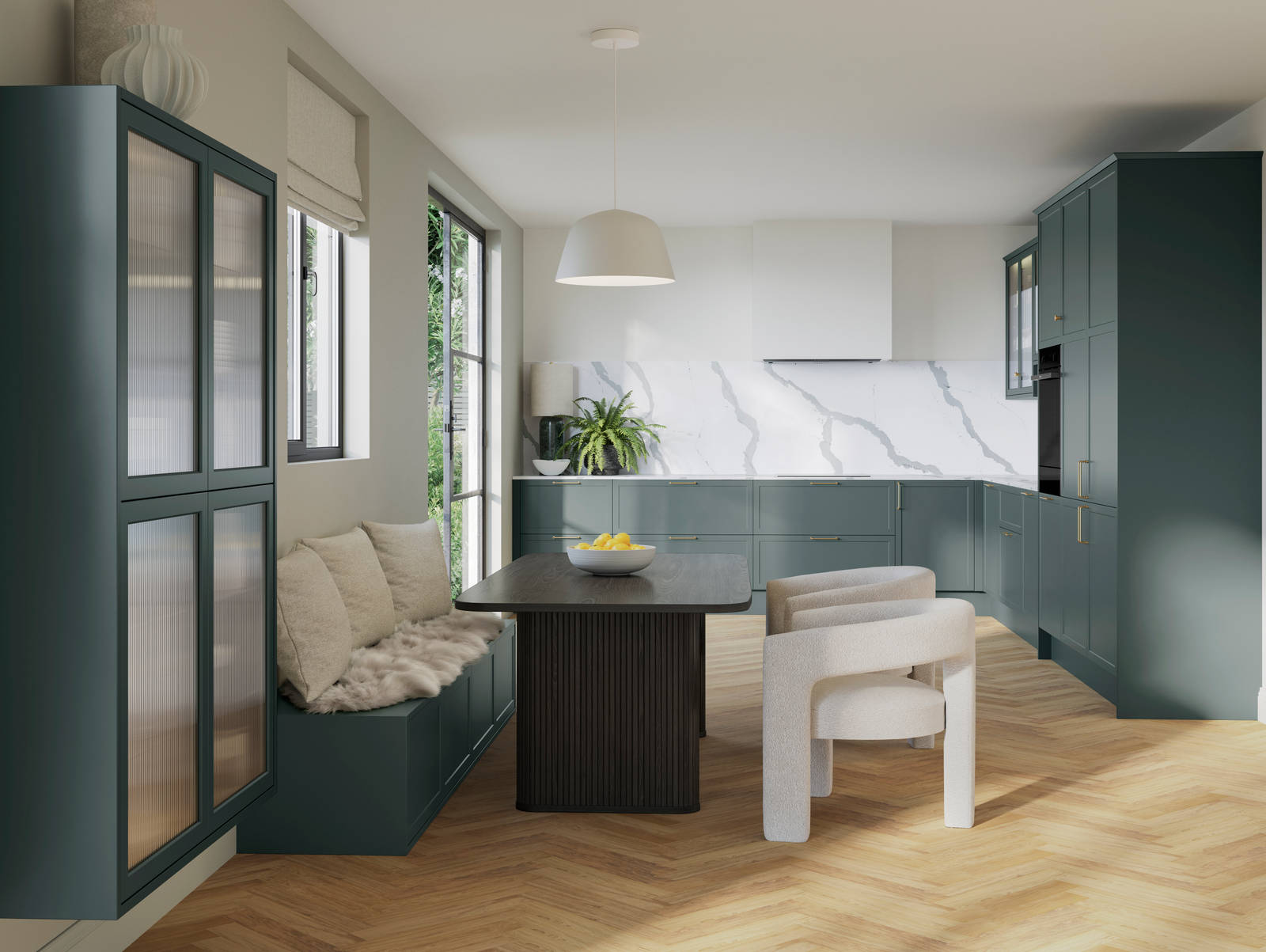 Modern muted green shaker Brunswick Spruce open plan kitchen with fluted glass vitrine cabinets matching green cabinet bench by the dining table, white and green splashback Quartz bianco calacatta.