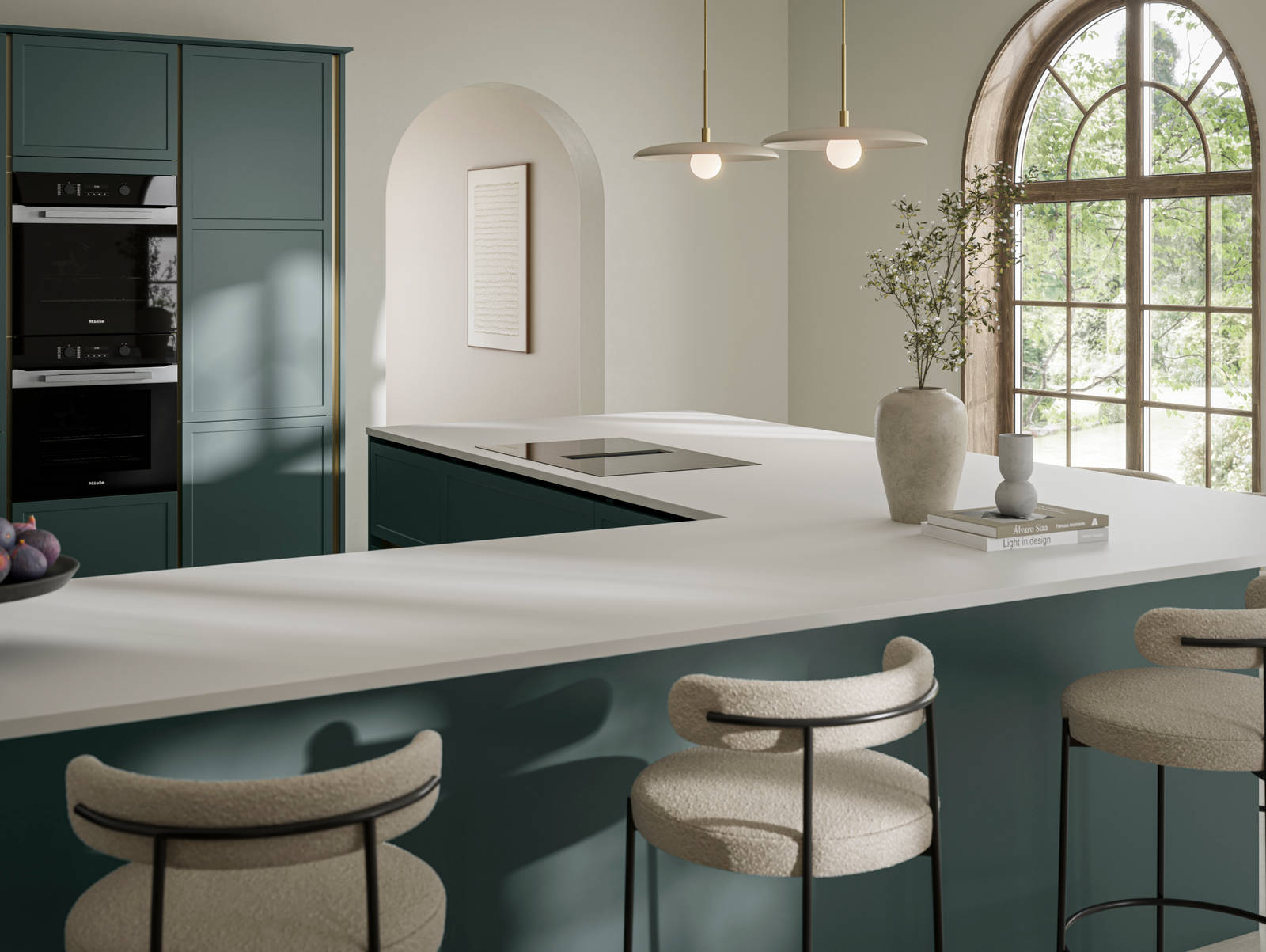 View of Georgian extension in handleless frame door Integra Brunswick Spruce G-shaped kitchen, with warm neutral decor, Minerva white worktop and splashback, breakfast bar with bar stool seating.