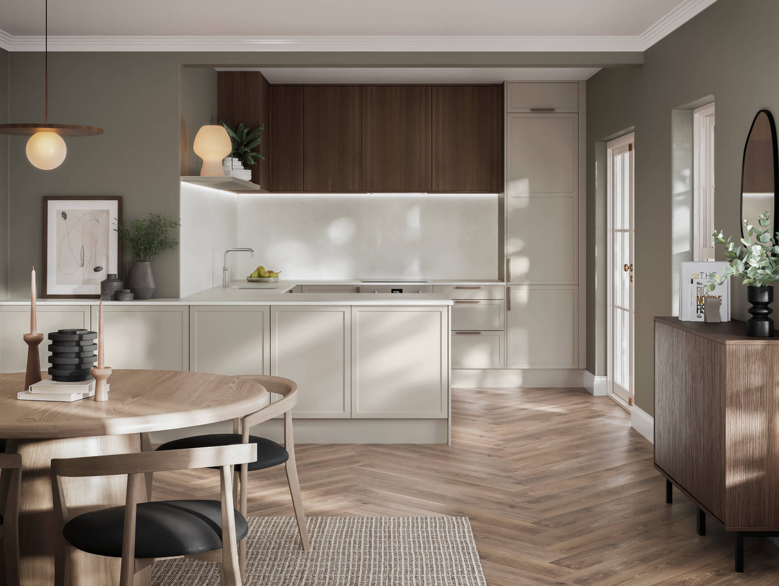 Modern Shaker kitchen Brunswick in light shade Limestone with Nordic Oak wall cabinets,combination of handleless fronts and oak handles, worktop and matching splashback in Silestone quartz Nolita, open plan living room layout with light wood dining table and sideboard.