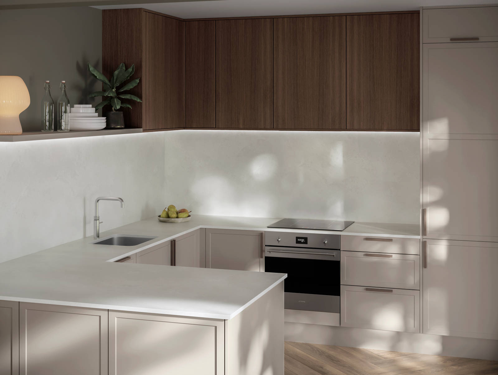 Modern Shaker kitchen Brunswick in light shade Limestone with Nordic Oak wall cabinets, matched with oak handles, compact Smeg induction hob, worktop and matching splashback in Silestone quartz Nolita.