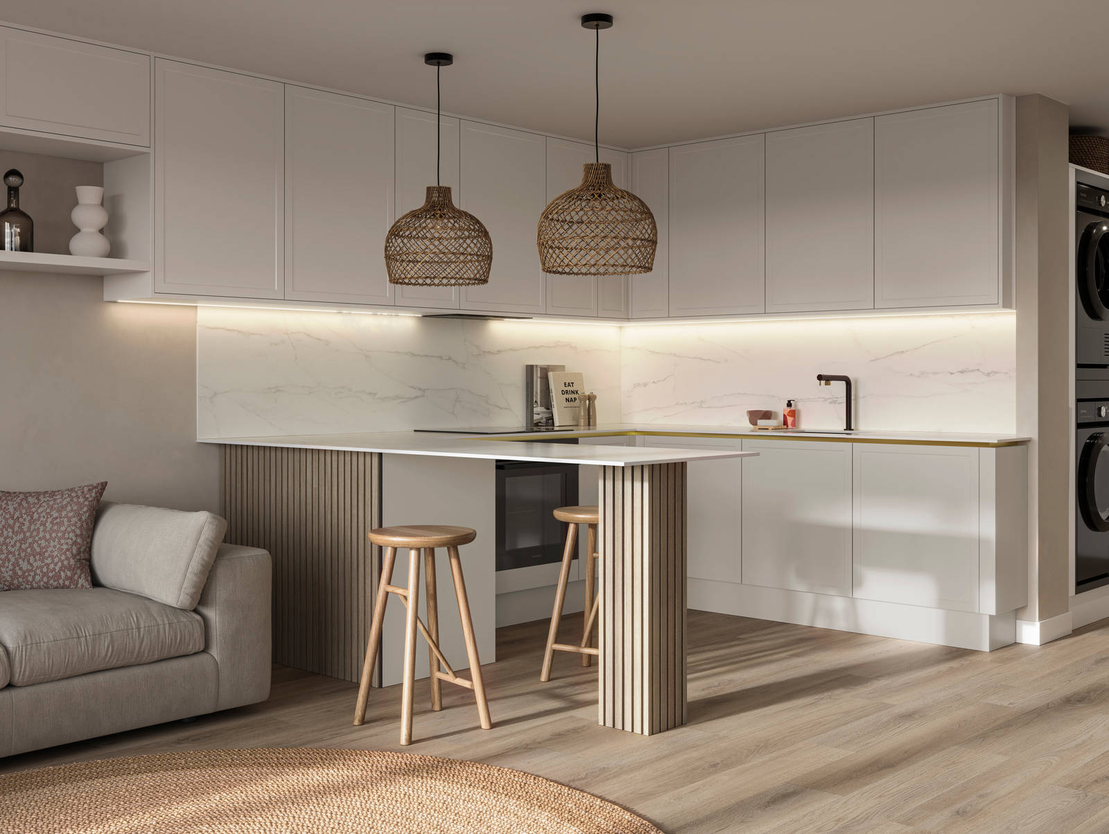 Handleless Wabi sabi inspired Integra Brunswick Limestone kitchen combined with living area, wood barstools for breakfast bar, natural materials, Euros oak flooring.