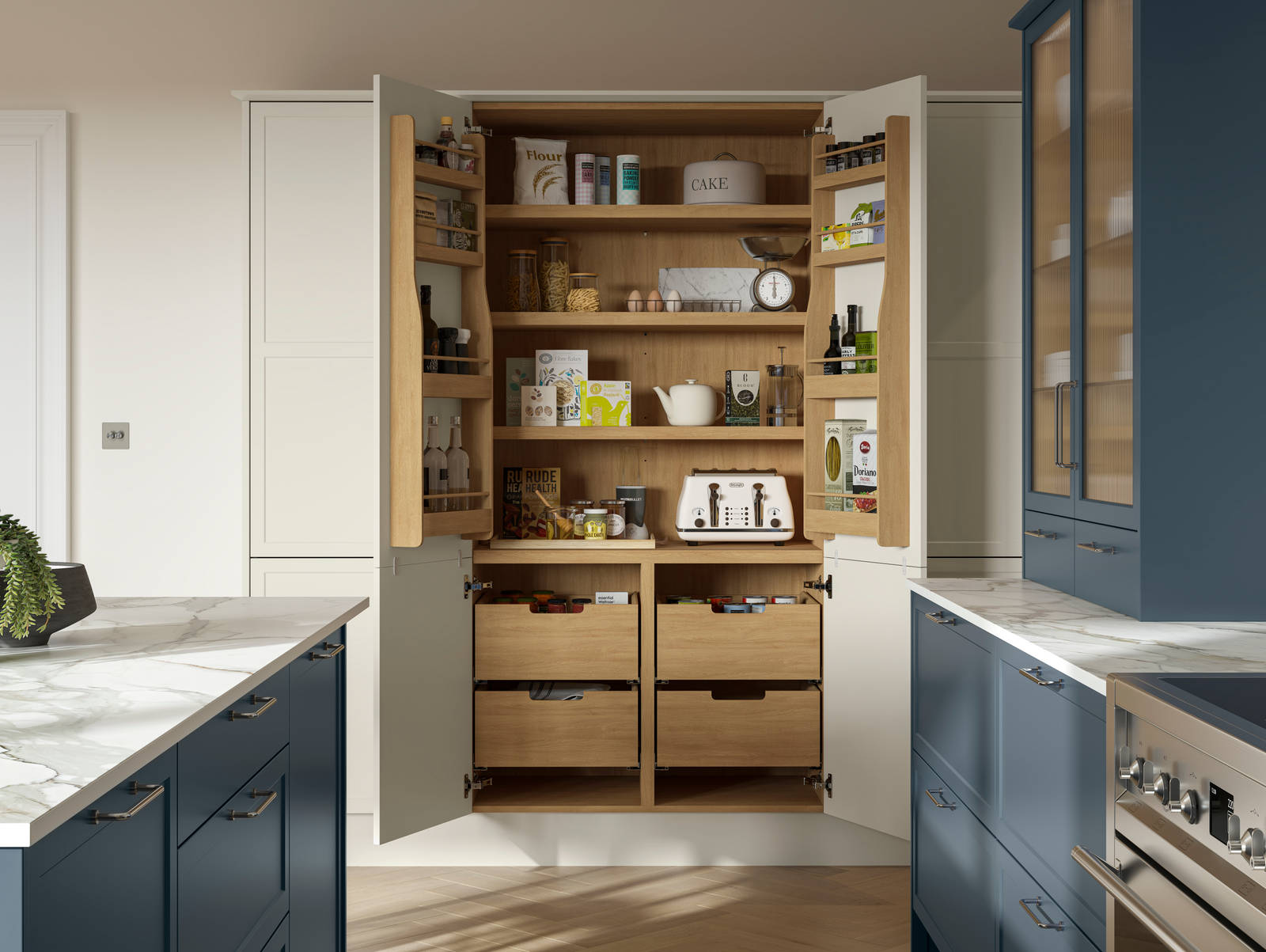 Opened larder with oak shelves and drawers in the modern Shaker kitchen Brunswick Voyage Blue and Limestone