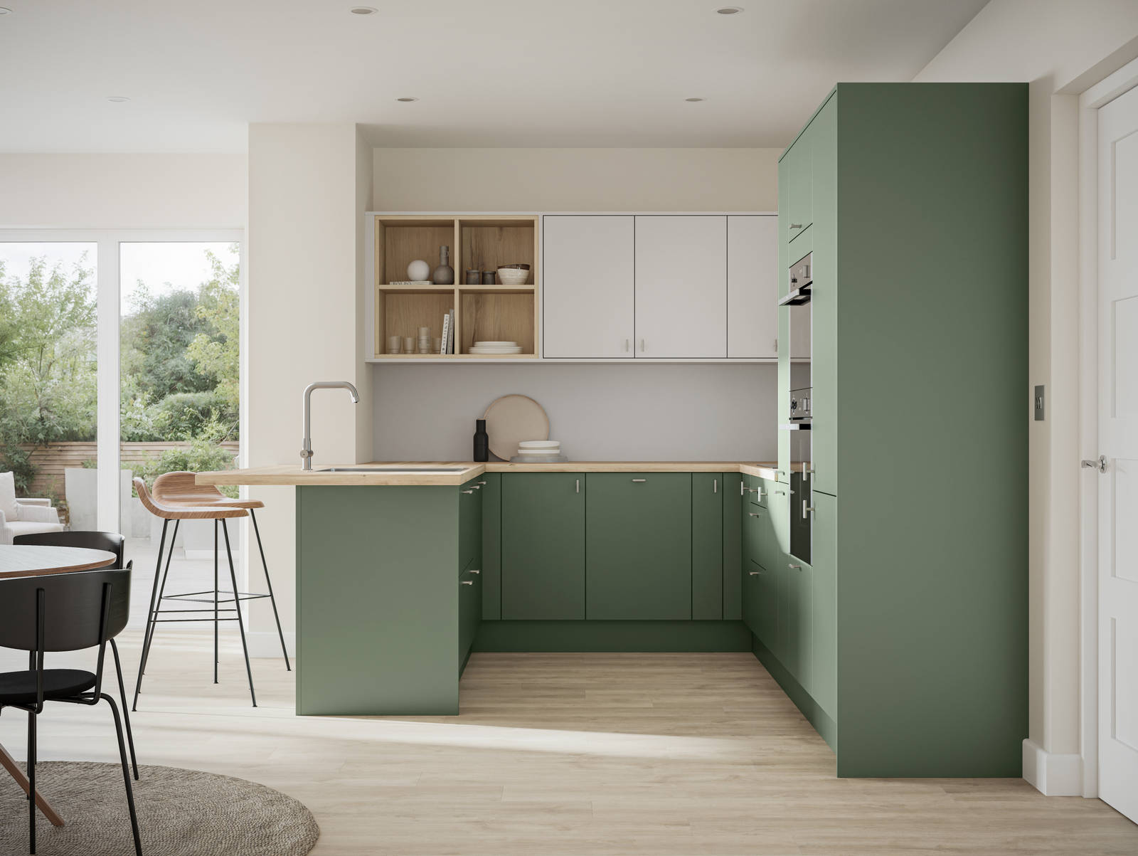 Scandi influenced fresh green Ascoli Woodland and light grey kitchen with timber details such as open shelf top cabinets, oak laminate worktop and oak laminate floor.