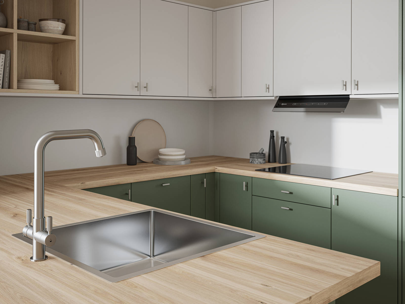 Oak laminate worktop in contemporary scandi influenced Ascoli Woodland and light grey kitchen, with a steel sink and tap and knurled brushed nickel t-bar knobs.