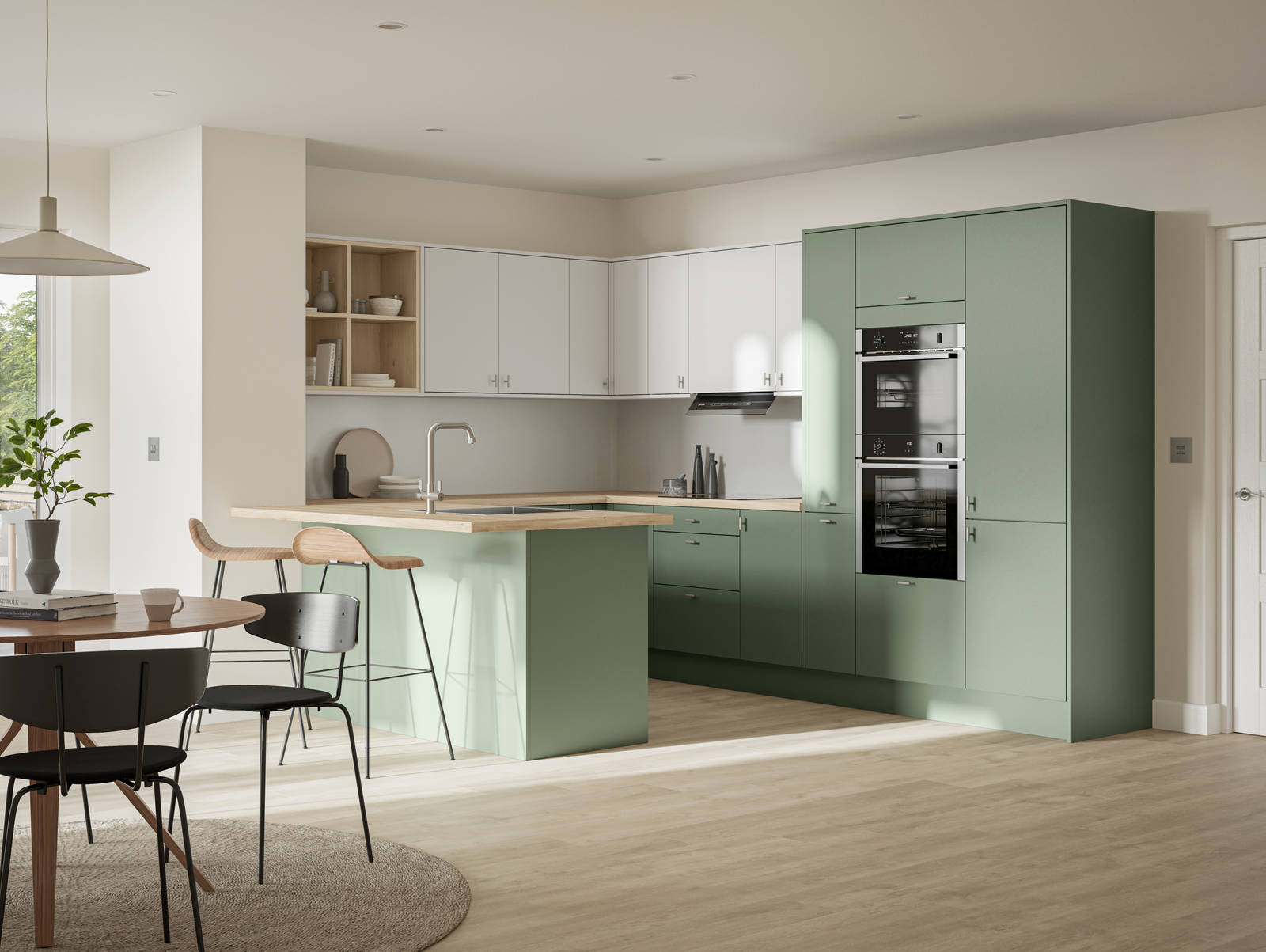 Contemporary scandinavian influenced Ascoli kitchen in fresh shade green Woodland and light grey, wall cabinets with timber accents like open shelves and oak laminate worktop, matched with oak laminate flooring and wood barstools at breakfast bar.
