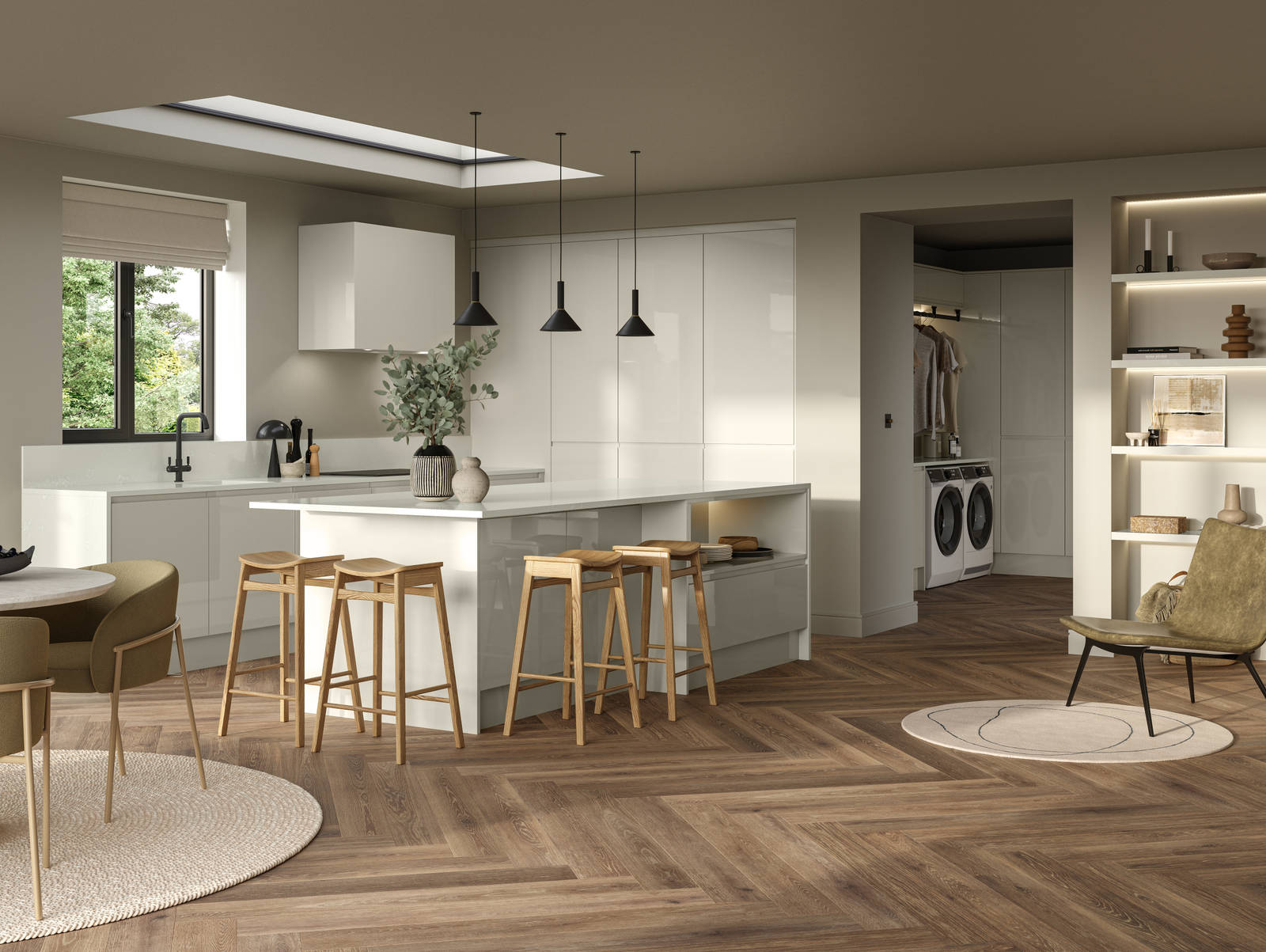 Full room view of open plan contemporary Luna Gloss kitchen with a kitchen island, breakfast bar with wood stools, tall cabinetry, matching open shelves in living room with natural material decorations and Amtico smouldering oak parquet flooring.