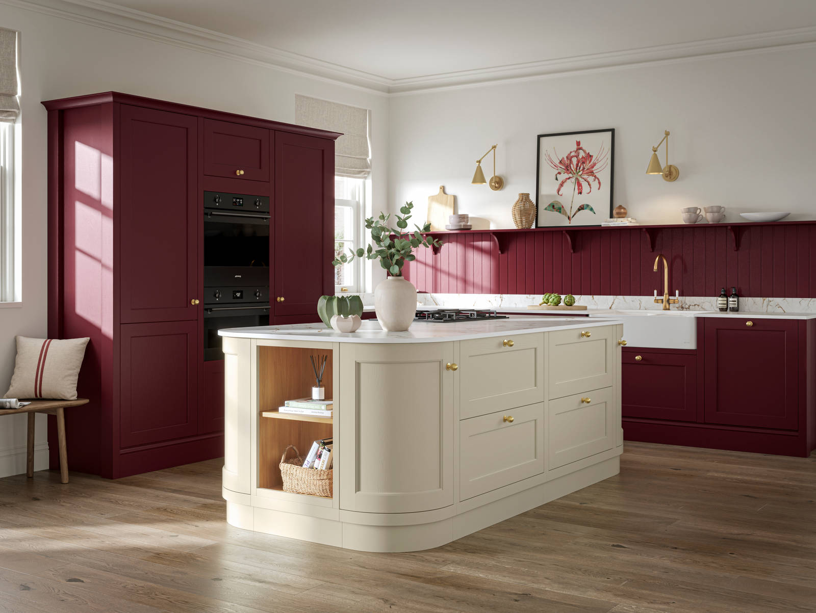 Traditional Shaker-style tactile woodgrain Ludlow kitchen in bold shade Morello with matching wall panel and shelves, brass accents such as knobs and brass tap, a white ceramic sink, Ludlow parchment kitchen island with open end shelves and dusty oak vinyl flooring.