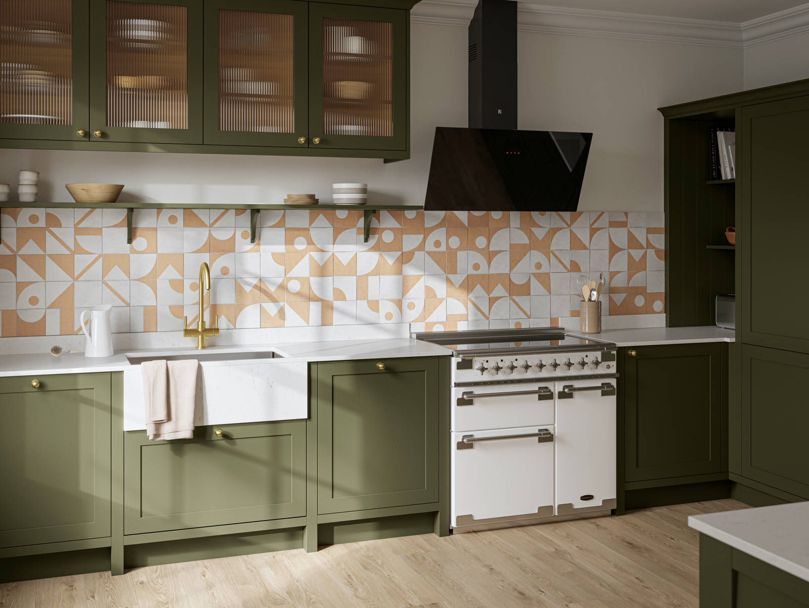 Premium Shaker kitchen Wardley Tailored green with traditional detailing, brass accessories, Elise range oven, screen extractor, white worktop and Classic Flint Grey oiled oak engineered wood flooring.
