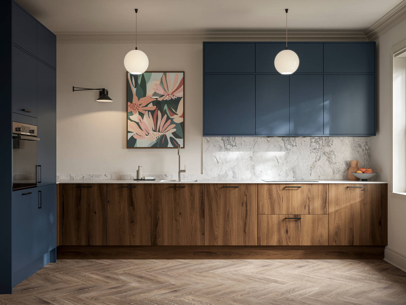 Contemporary Ascoli Mineral Blue tall cabinets and wall cabinets over Portobello Umbra kitchen cabinets with marbled compact laminate worktop, black handles and Amtico smouldered oak herringbone flooring.
