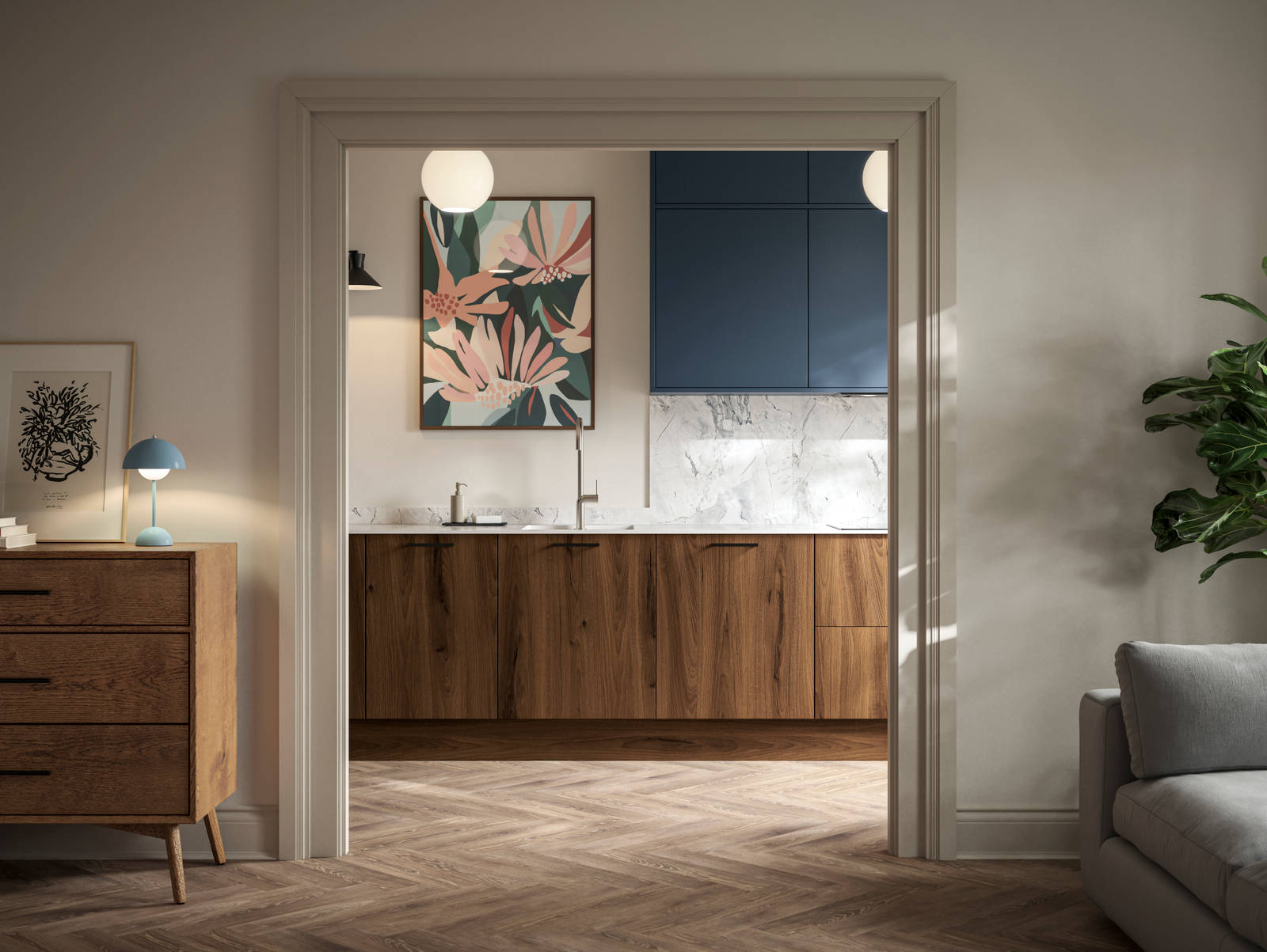 View from living room of Portobello Umbra kitchen cabinets with white compact laminate worktop and splashback, Ascoli Mineral Blue wall cabinets and amtico smouldered oak herringbone flooring.