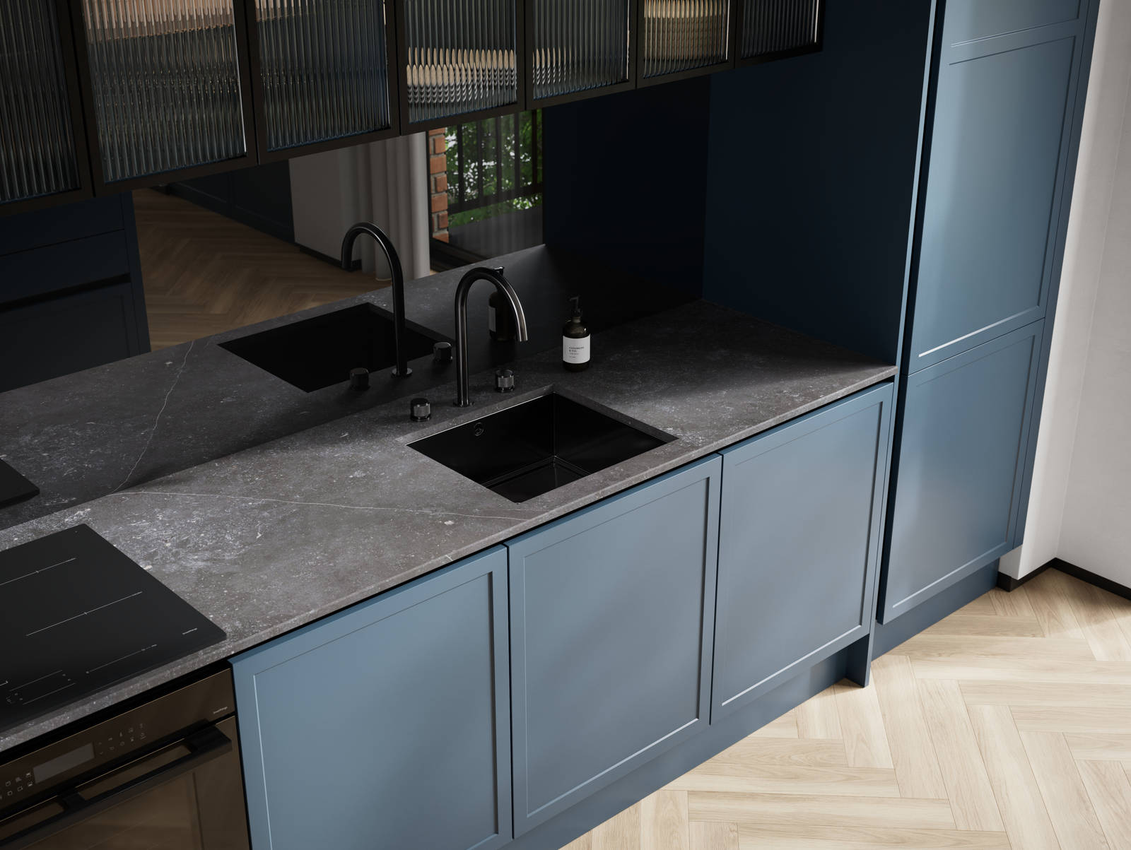 Handleless Integra Brunswick with an ultra-slim super-matt Shaker design and handleless rail system, in dark blue shade Voyage Blue, with black accessories and fluted glass wall cabinets