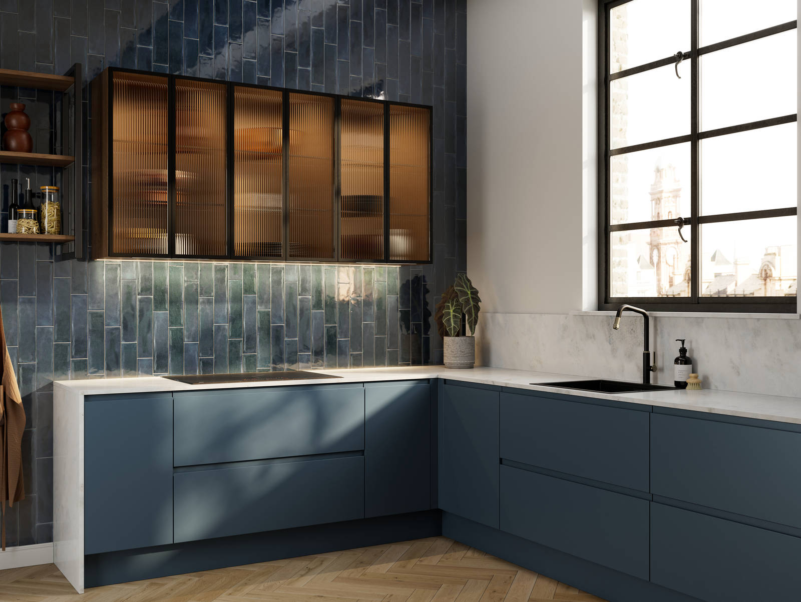 Contemporary and minimalist handleless kitchen with J-Pull door in dark blue shade Mineral Blue, with fluted glass vitrine wall cabinets and tiled wall.
