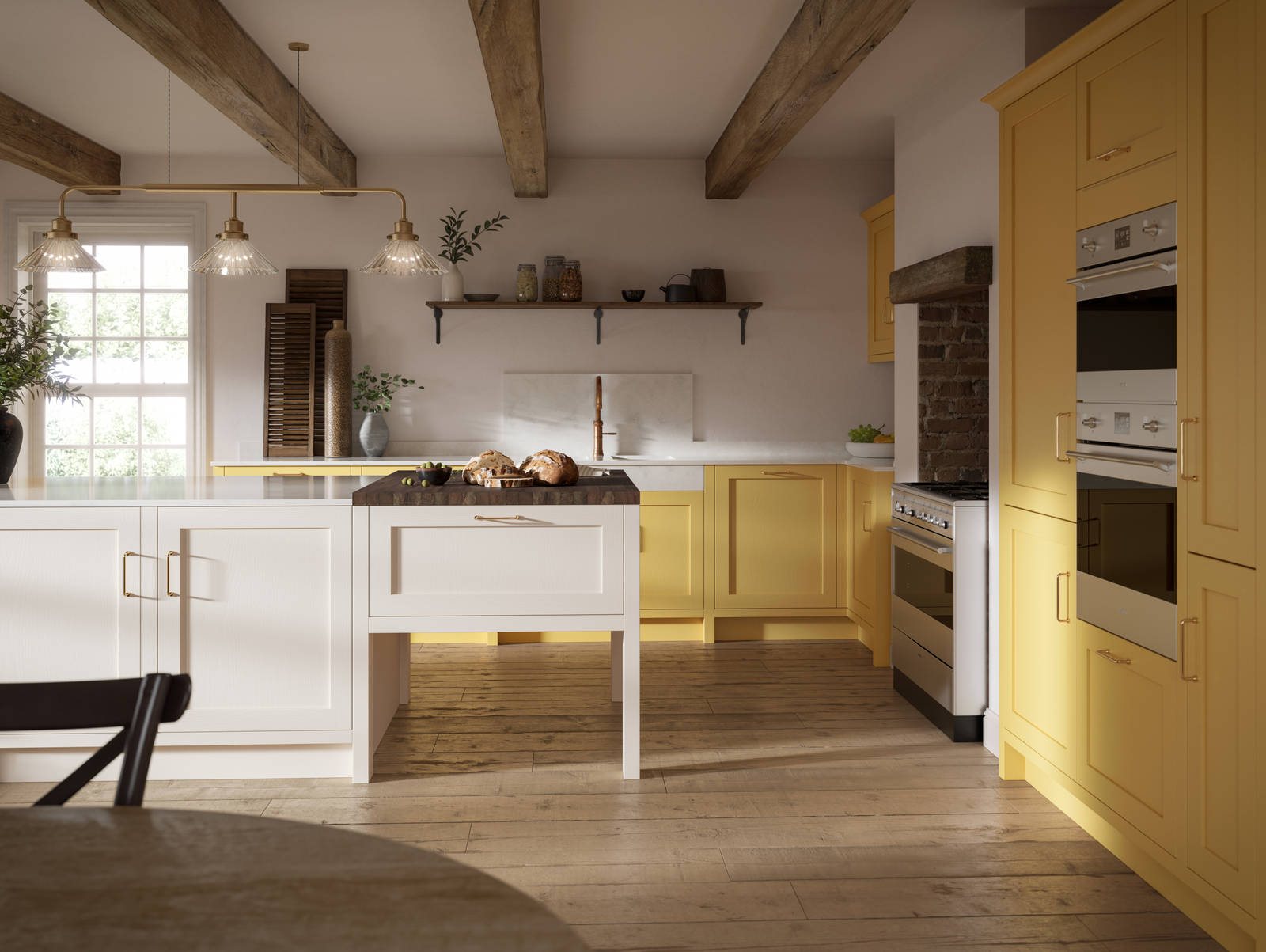 Open floorplan shaker kitchen in the bright and beautiful yellow shade Harvest, paired with a kitchen island with matching frame door cabinets in Limestone.