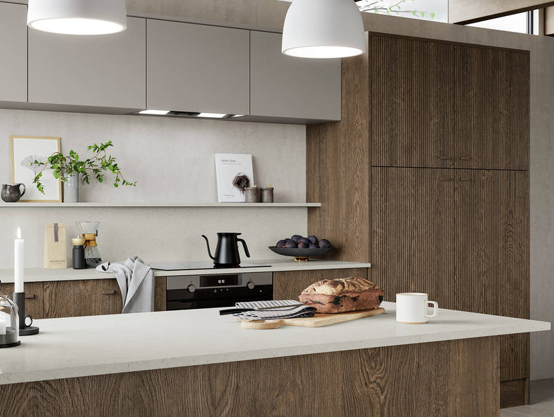 Nordic Nature. Modern wooden kitchen design with a Nordic influence. Featured floating worktops, a ribbed plinth and rounded end panels.