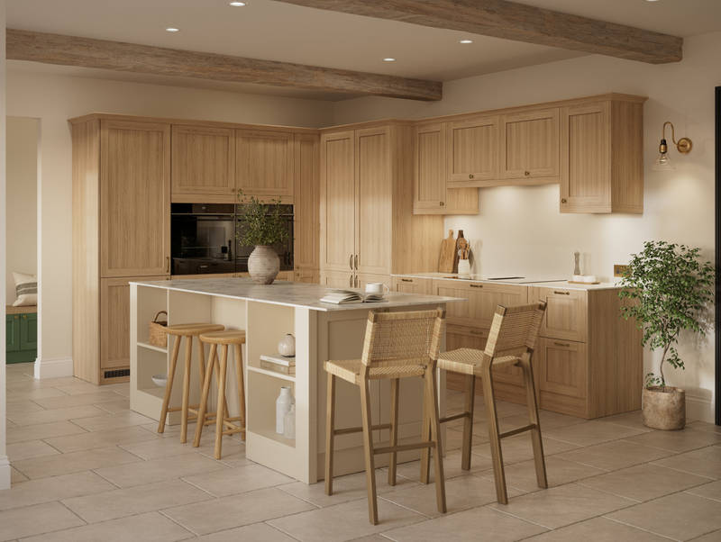 Traditional premium contemporary Shaker kitchen Ambleside in oak with brass knobs and handles, tall and wall-mounted cabinets and kitchen island with seating area and open shelves.