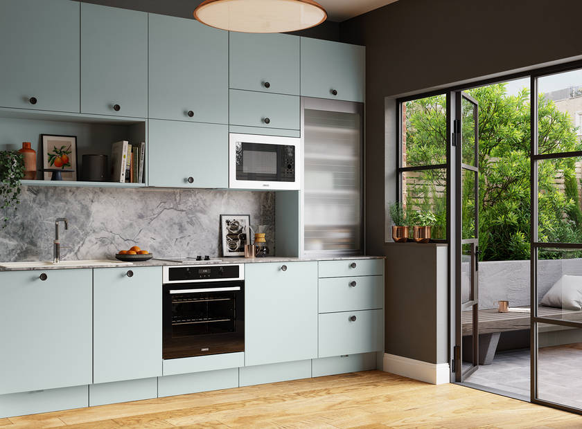 Soho from Magnet. Bold slab doors style this premium contemporary kitchen design available in 20 colours.