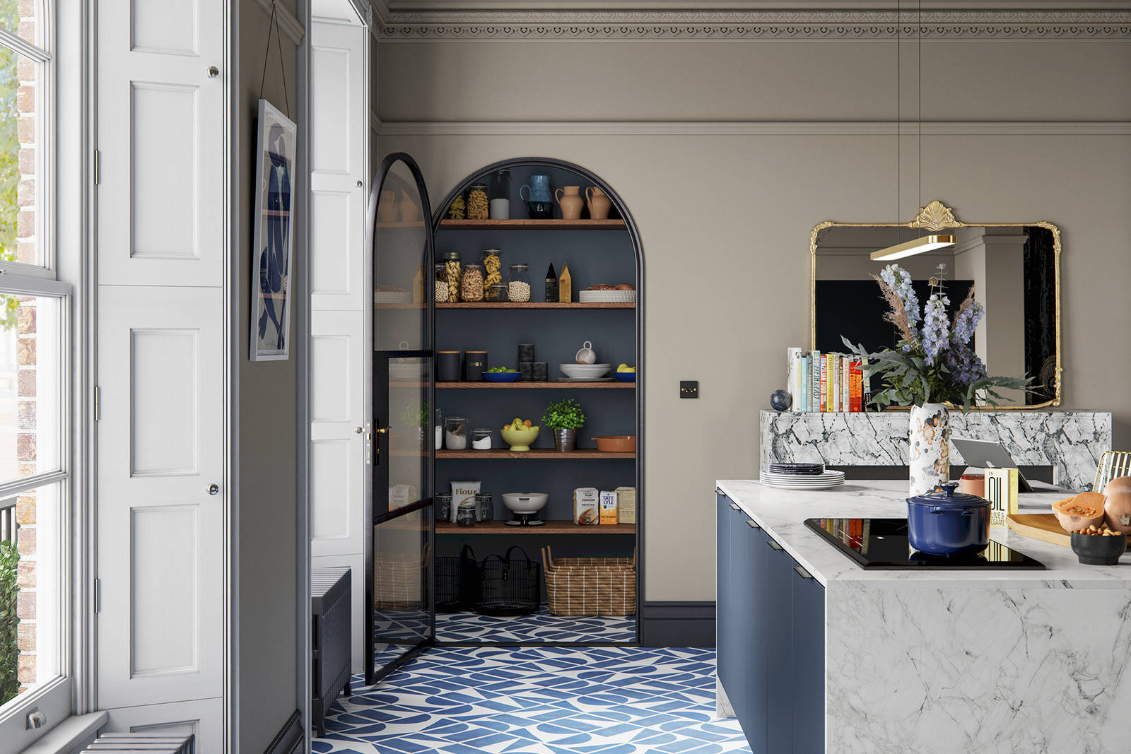 Hoxton kitchen. Smooth slab doors in a painted effect finish. Minimalist styling with your choice of handles and three colours.