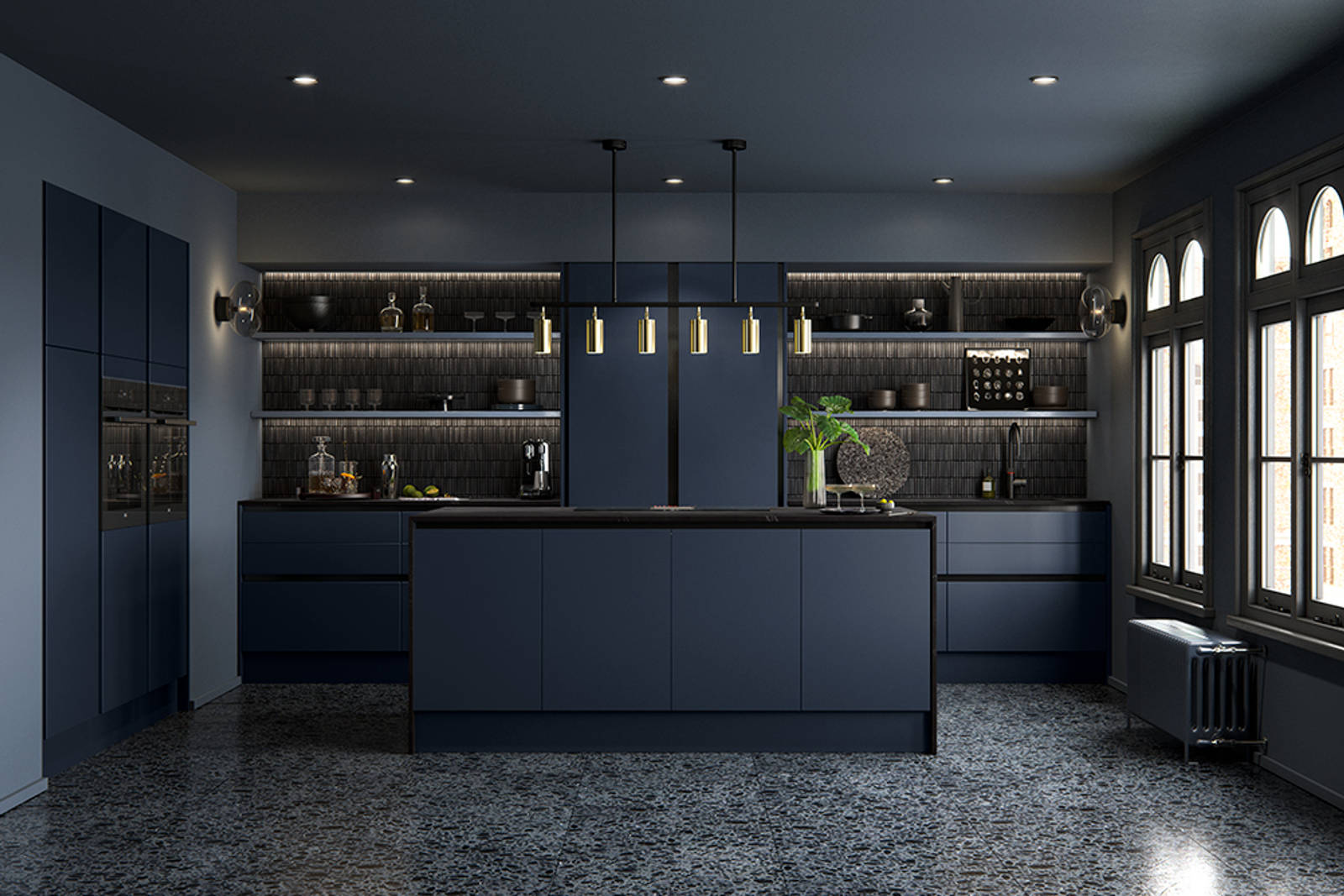 Integra Hoxton Kitchen from Magnet available in metallic midnight blue. Smooth slab doors and a painted effect finish.