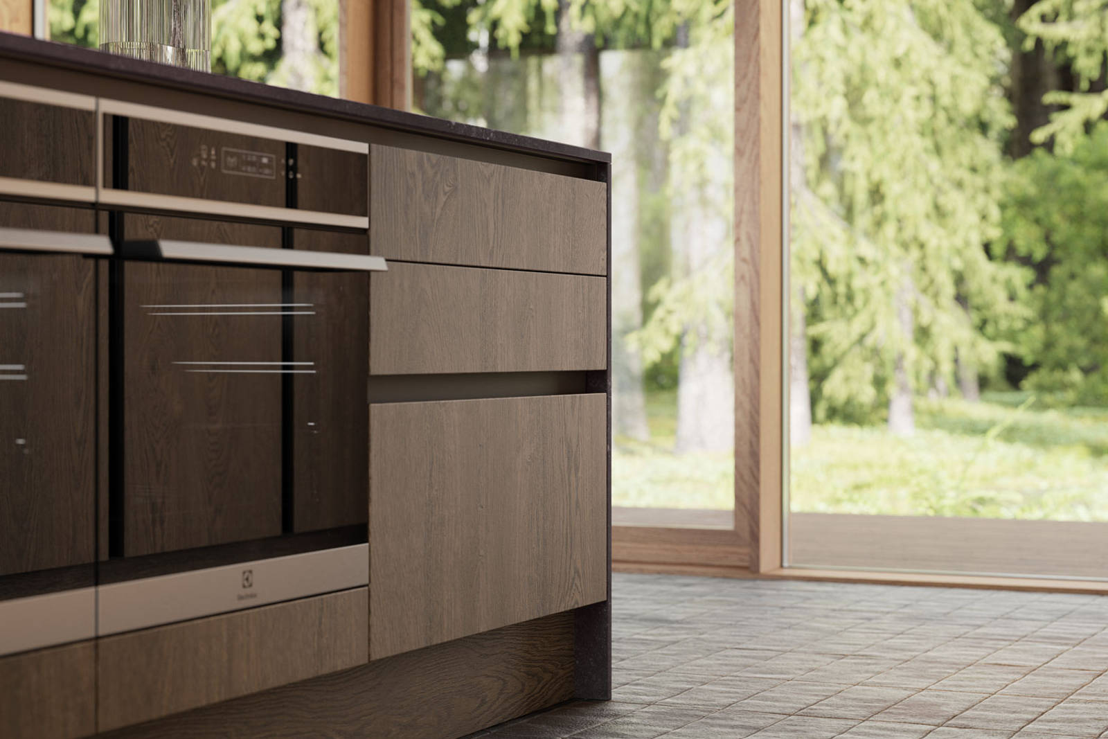 Integra Nordic Nature. Modern kitchen concept with a sleek handless design and fluted oak effect wood doors