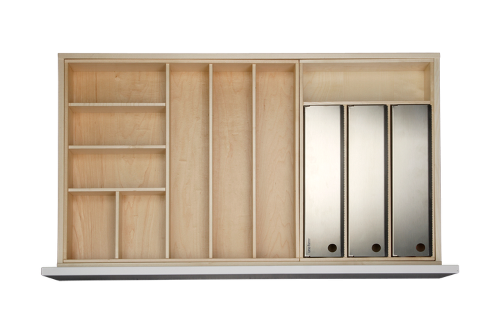 Solid wood utensil organizer with film and aluminium cutter