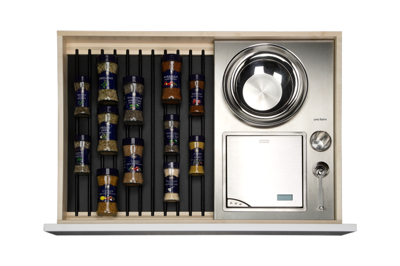 Insert for drawer with spice holder and digital kitchen scale weight