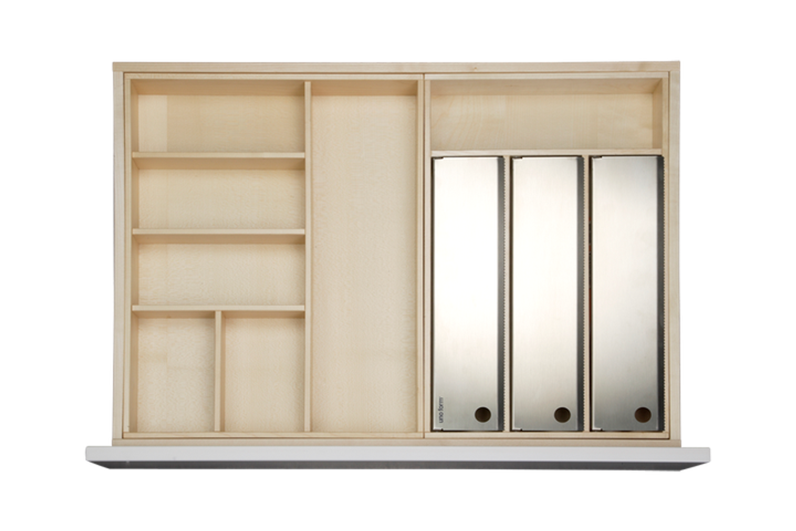 Wooden utensil organizer tray and film cutter