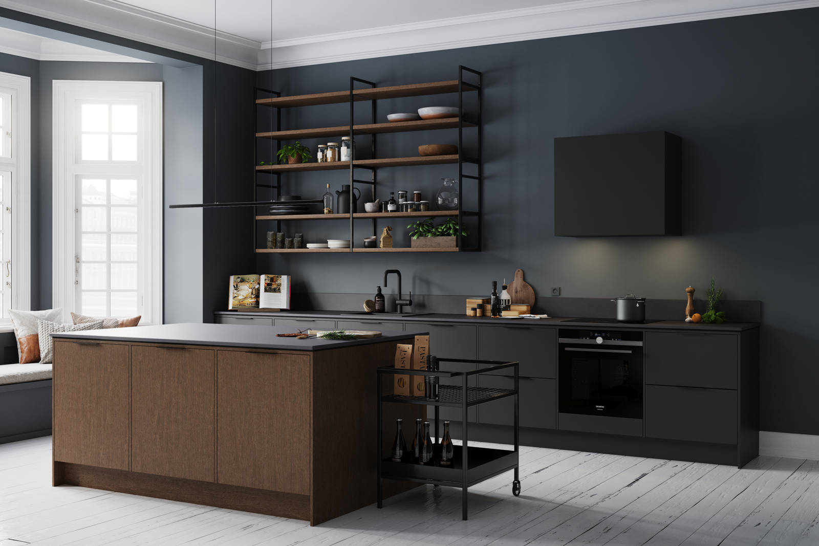 Norema kjøkken Design Akse areal mørk grå kjøkkenøy åpne hyller