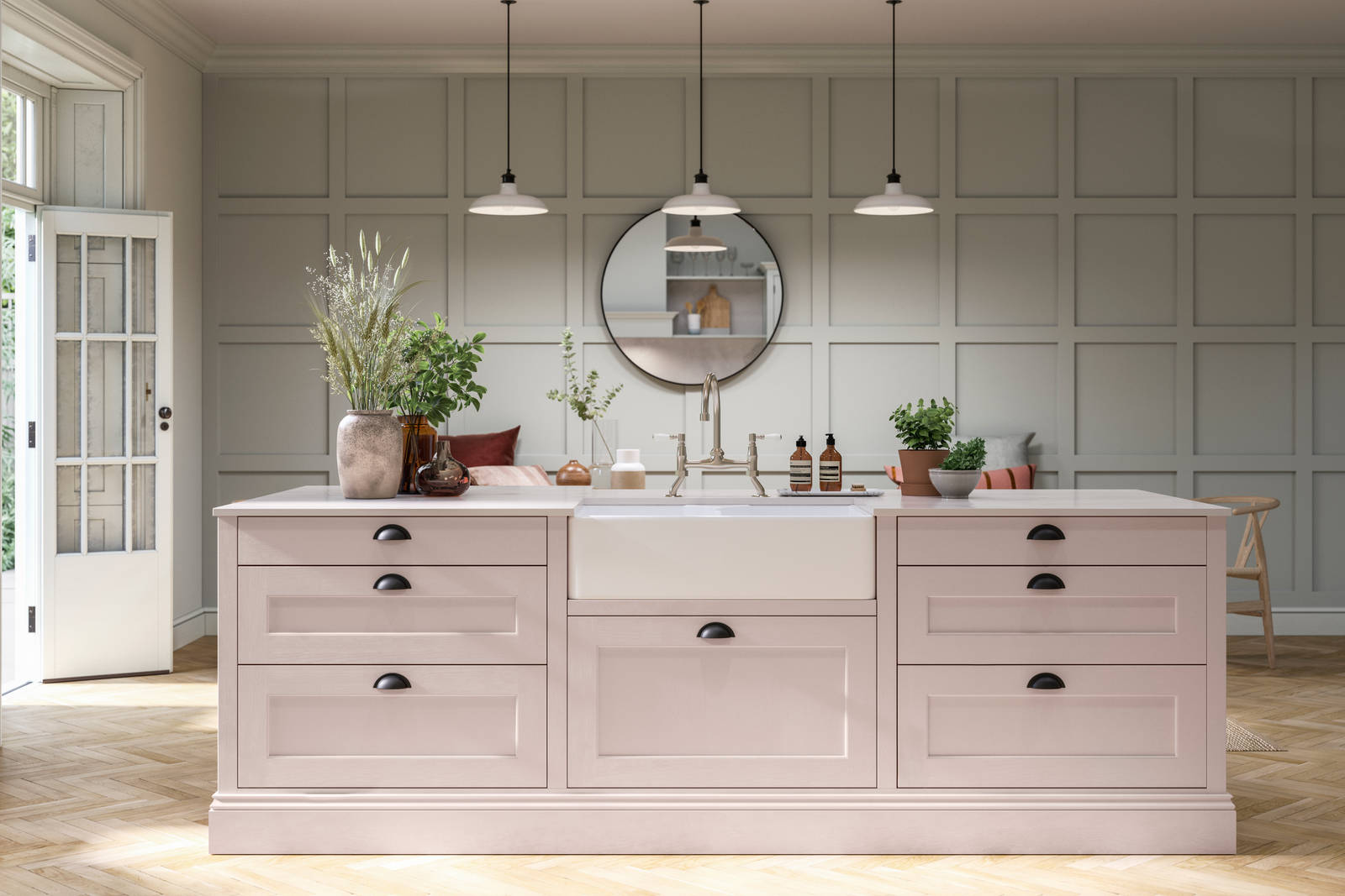 Ludlow kitchen. Our latest Shaker door, with a modern country-style. Here in the light pink shade Rose bowl, paired with plants in earth tone planters.