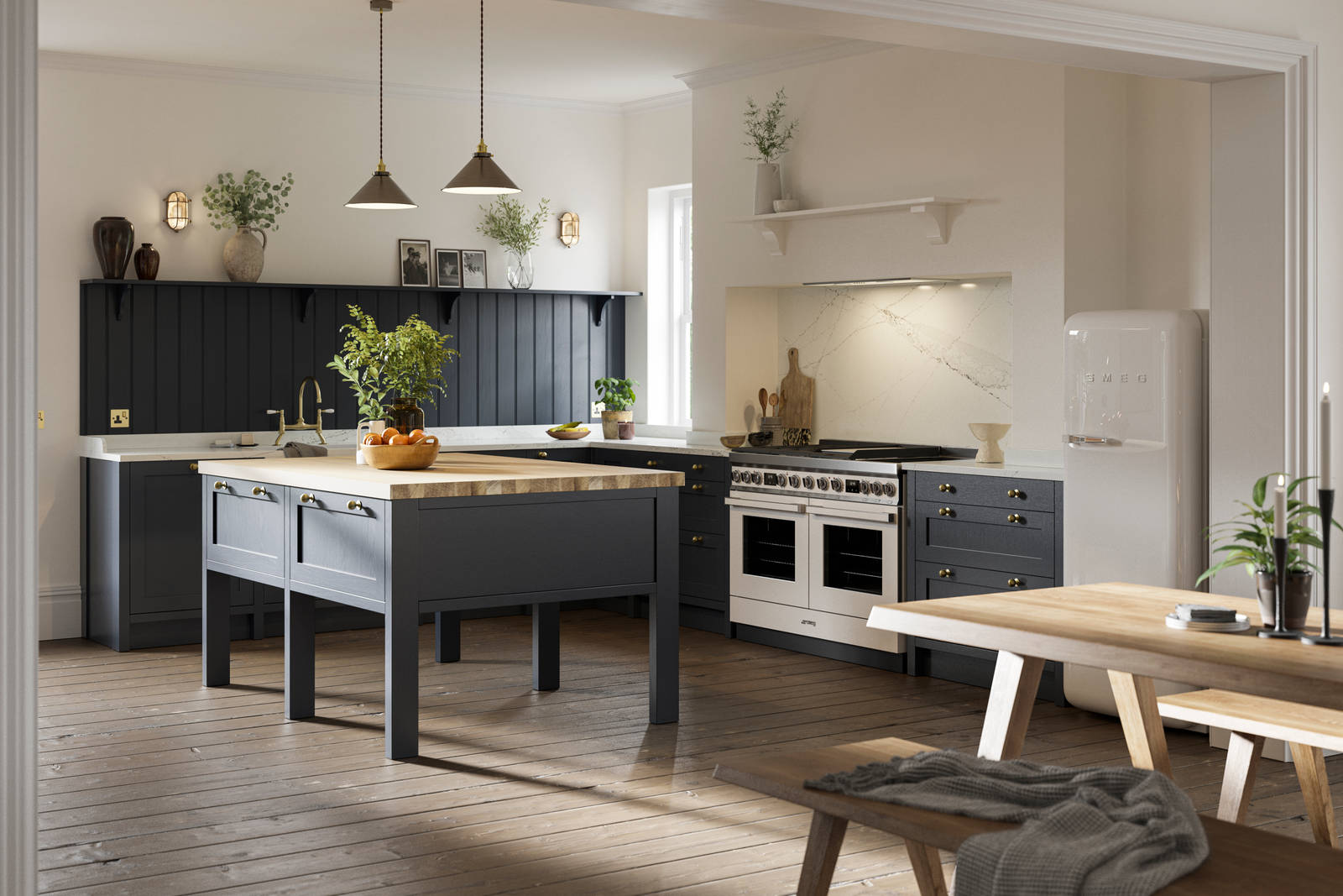 View of full shaker kitchen, dark blue cabinetry in shade Midnight, decorated with plants and framed photos.