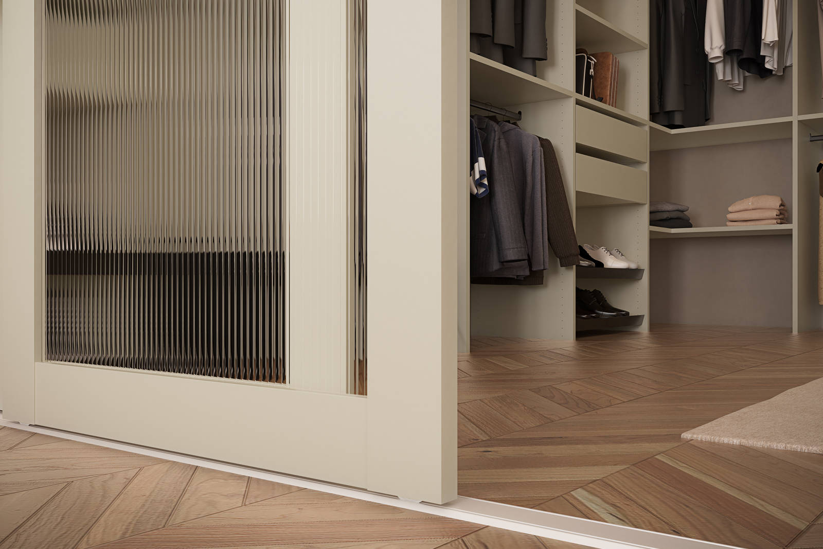 Nærbillede af glasskydedør med beige træramme