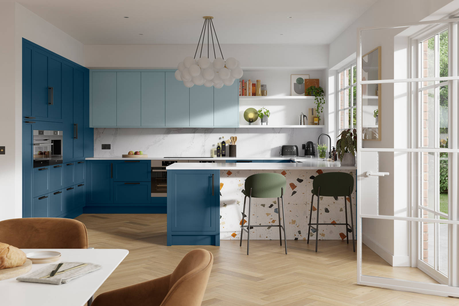 Contemporary kitchen design with Magnets Voyage blue and Sky Dunham kitchen, its thin frame and smooth painted finish with no visible woodgrain, a kitchen island with breakfast bar and wood herringbone flooring..
