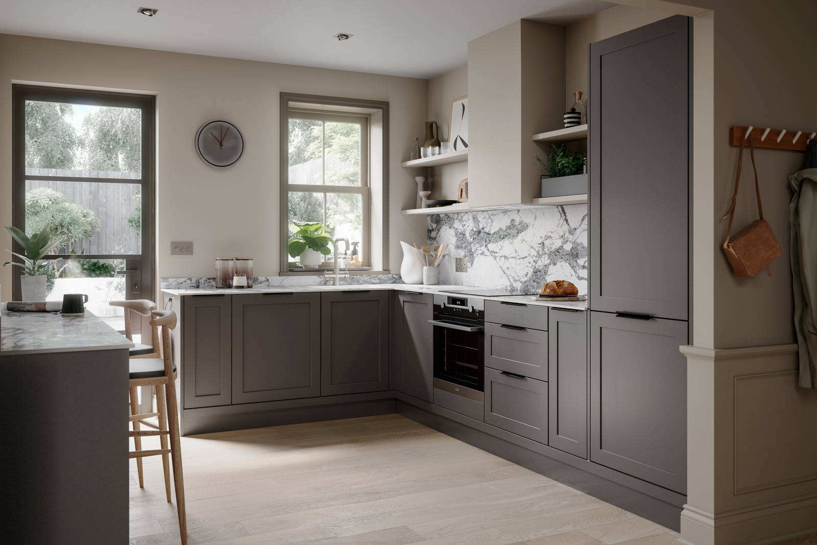 Shaker kitchen in dark grey shade Charcoals, matched with a marble worktop and backsplash.