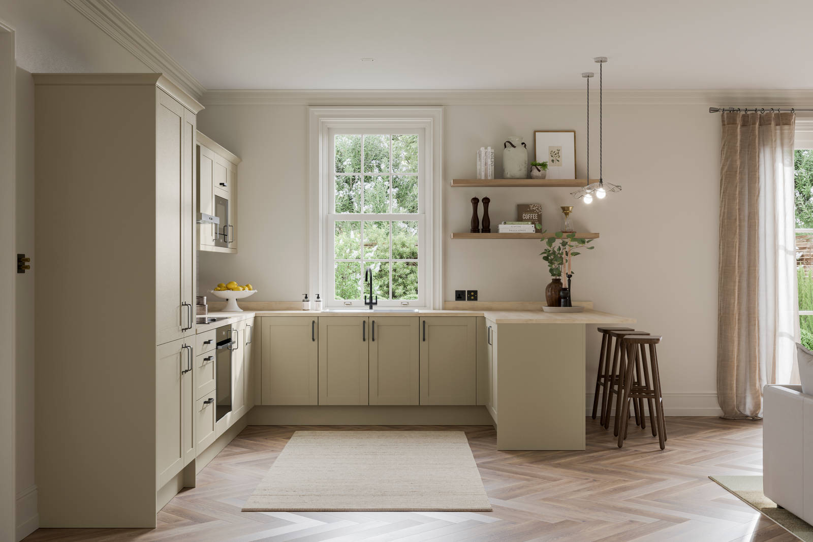 Tatton Sage kitchen from Magnet, a contemporary narrow frame shaker door.
