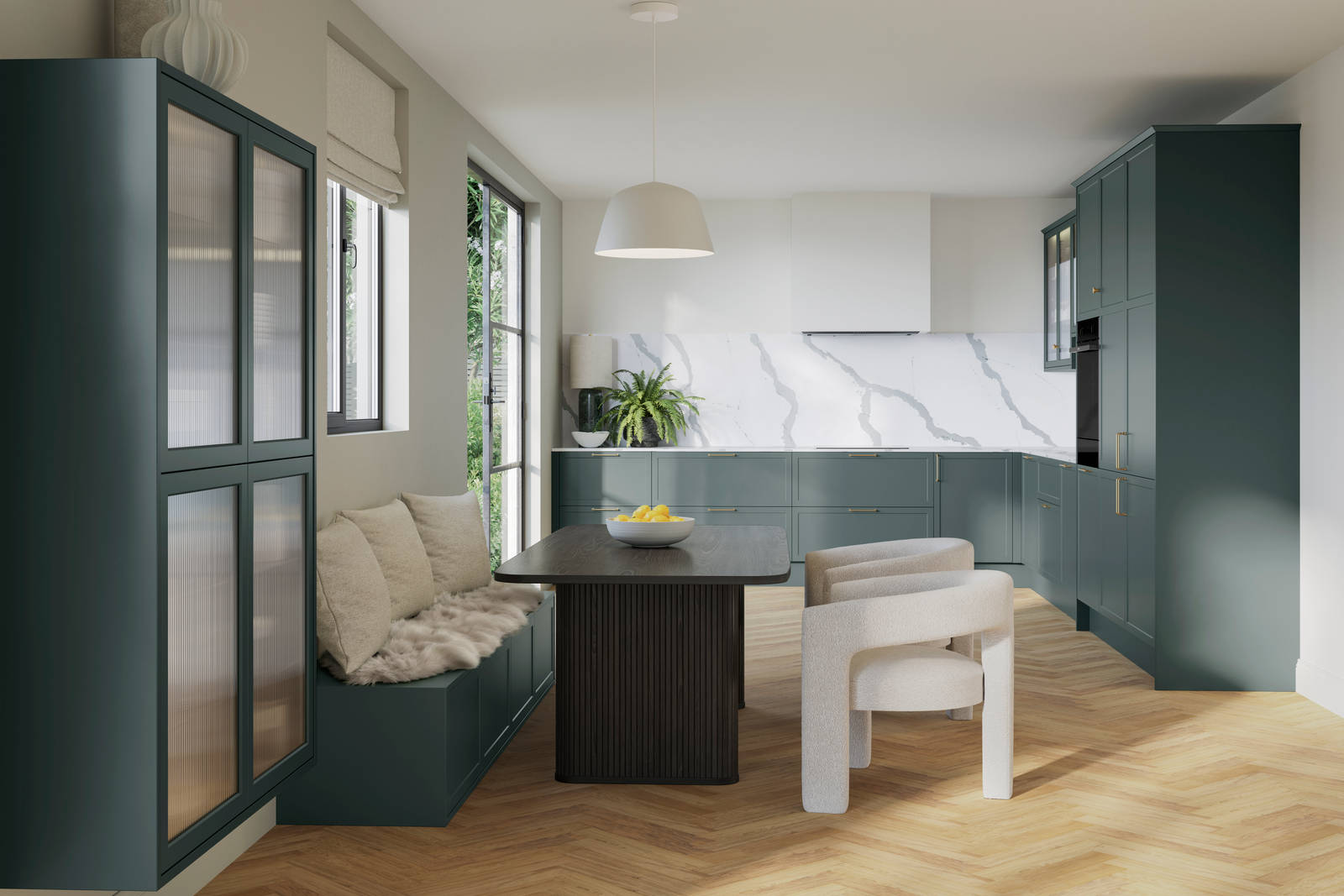 Modern muted green shaker Brunswick Spruce open plan kitchen with fluted glass vitrine cabinets matching green cabinet bench by the dining table, white and green splashback Quartz bianco calacatta.