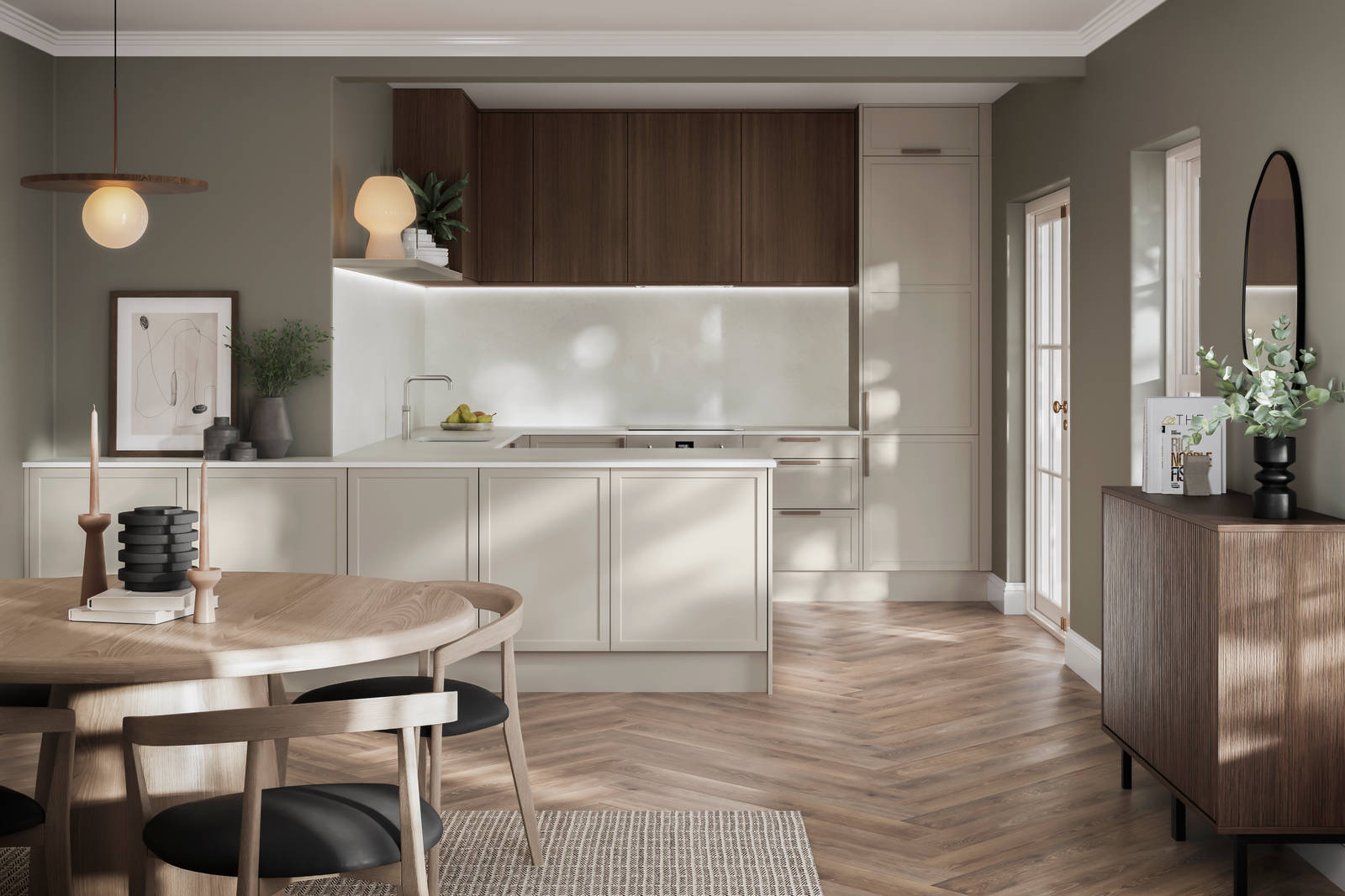 Modern Shaker kitchen Brunswick in light shade Limestone with Nordic Oak wall cabinets,combination of handleless fronts and oak handles, worktop and matching splashback in Silestone quartz Nolita, open plan living room layout with light wood dining table and sideboard.