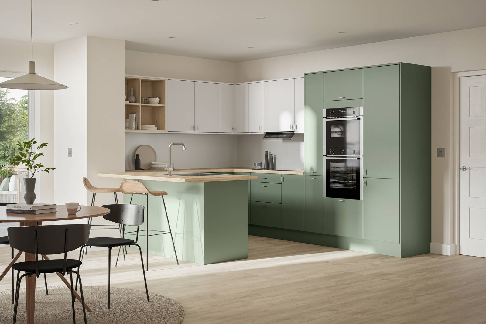 Contemporary scandinavian influenced Ascoli kitchen in fresh shade green Woodland and light grey, wall cabinets with timber accents like open shelves and oak laminate worktop, matched with oak laminate flooring and wood barstools at breakfast bar.