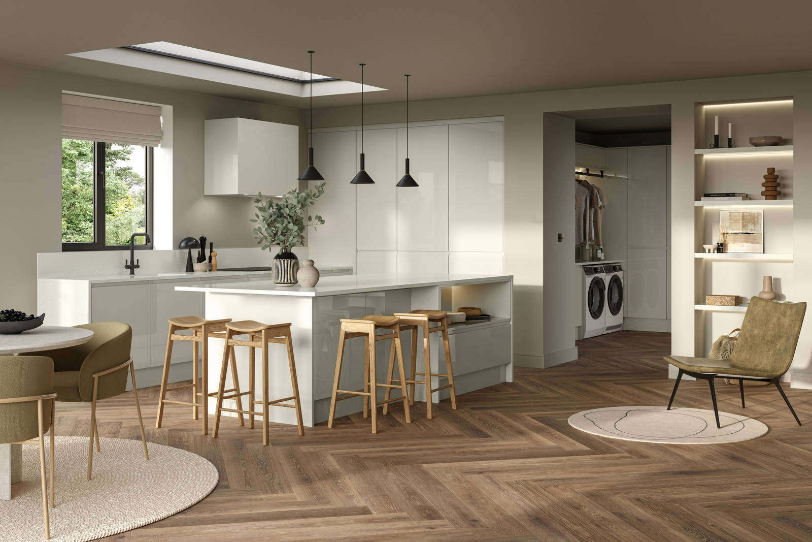 Full room view of open plan contemporary Luna Gloss kitchen with a kitchen island, breakfast bar with wood stools, tall cabinetry, matching open shelves in living room with natural material decorations and Amtico smouldering oak parquet flooring.