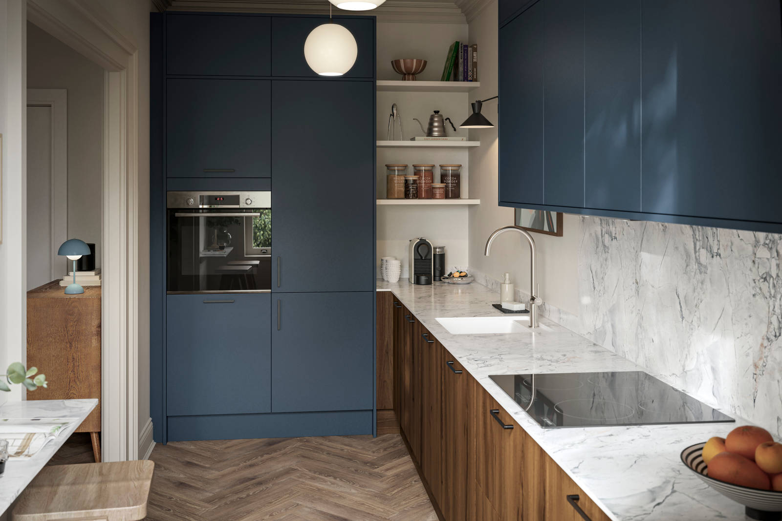 Contemporary Ascoli Mineral Blue tall cabinets and wall cabinets over Portobello Umbra kitchen cabinets with marbled compact laminate worktop, black handles and Amtico smouldered oak herringbone flooring.