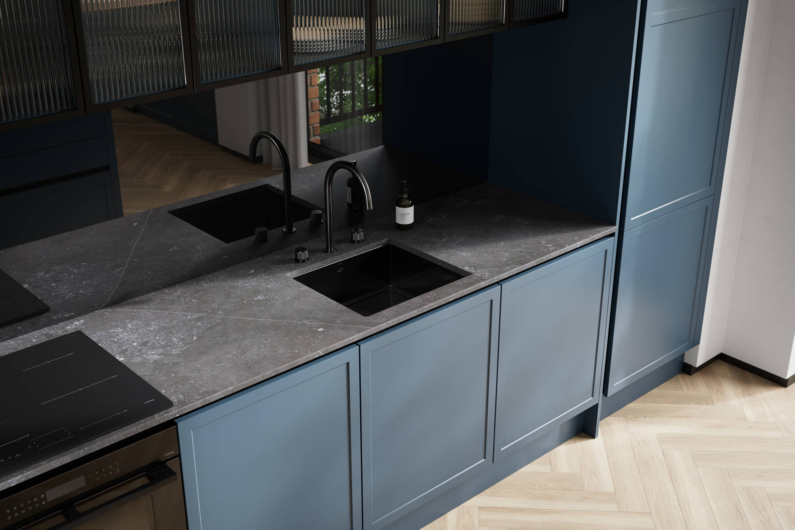 Handleless Integra Brunswick with an ultra-slim super-matt Shaker design and handleless rail system, in dark blue shade Voyage Blue, with black accessories and fluted glass wall cabinets