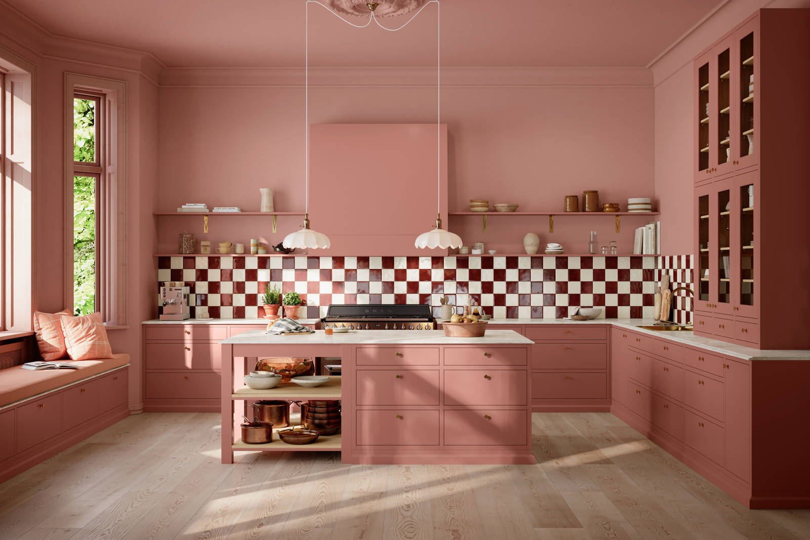 Kjøkken Line Inframe fra Sigdal med kjøkkenøya i farge Mild Sienna S 3030-Y80R med vitrineskap og Ventilator Diskret Sense fra Røroshette i samme farge, fliser fra Fagflis og grep Dot ubehandlet messing