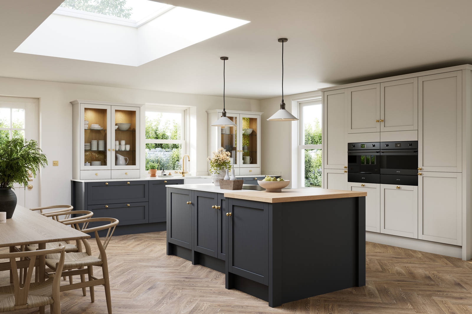 Contemporary Shaker kitchen island Ambleside from Magnet in deep blue shade Lake with beige tall cabinets, herringbone wood flooring and wood diningroom table