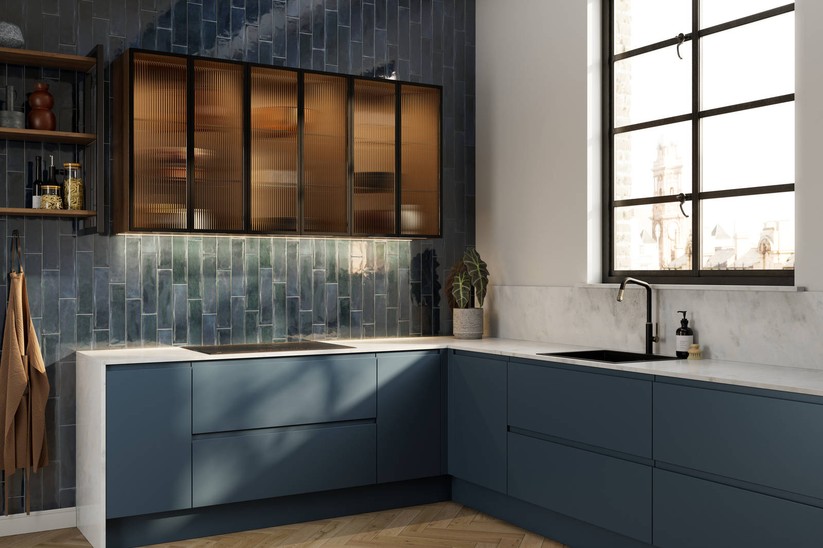 Contemporary and minimalist handleless kitchen with J-Pull door in dark blue shade Mineral Blue, with fluted glass vitrine wall cabinets and tiled wall.